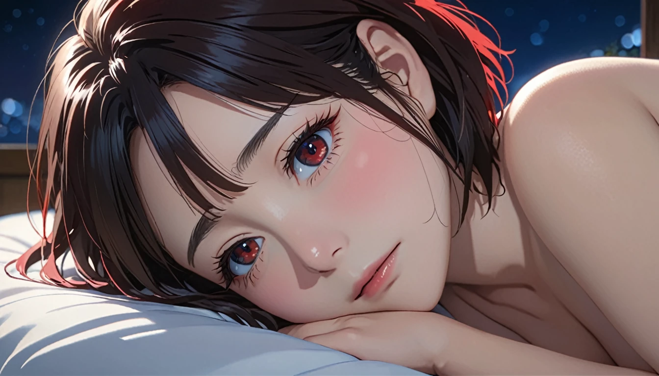 masterpiece, High resolution, figure, Kyoto Animation Style, Your Name Movie Style, night, midnight, Light, (1 female: 1.3), (alone: 1.4), Long eyelashes, Short Bob, Red nose, futon, Lying down, naked, Face close-up, Hide with hand胸部, Hide with hand,