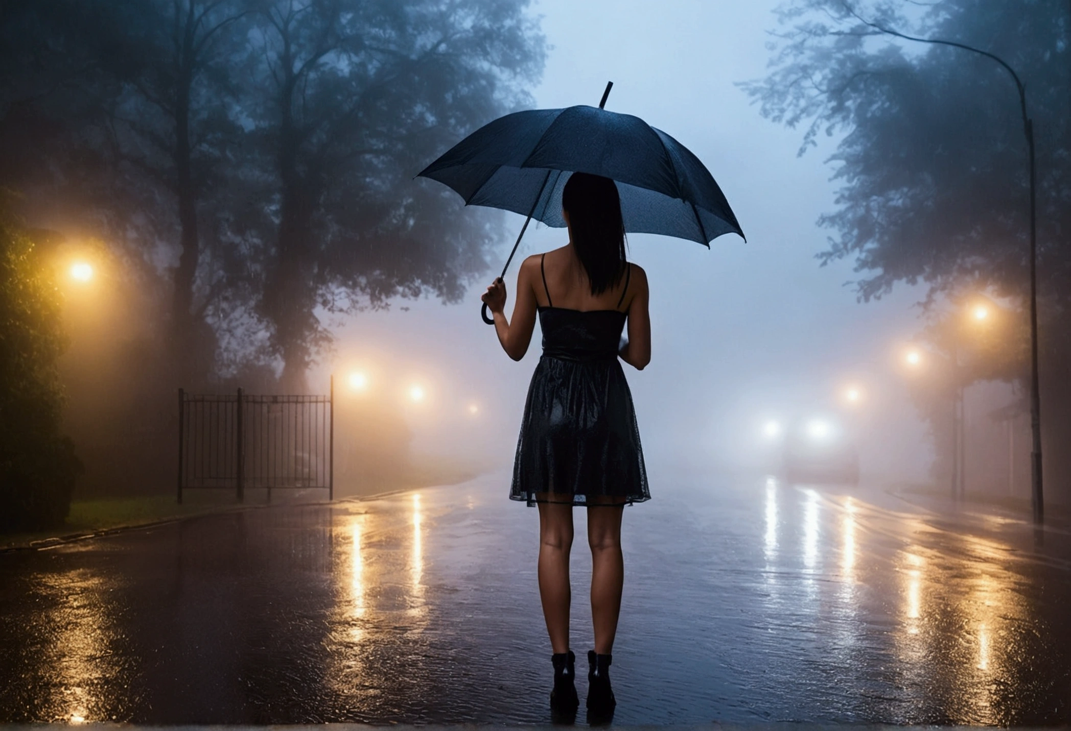 Woman in tight dress with umbrella in hand, in einer mistyen Stadt, a picture by Kuno Veeber, pixabay contest winner, conceptual art, standing in the rain, black silhouette, Mysterious woman, pretty girl, that stands in the rain, Single person with umbrella, woman ((silhouette)), ((misty)) and rainy, female image in the shadow, in a rainy environment, Rainy weather, Rainy roads in the background , ((Fog with light)) ((View from behind)), Light from the front