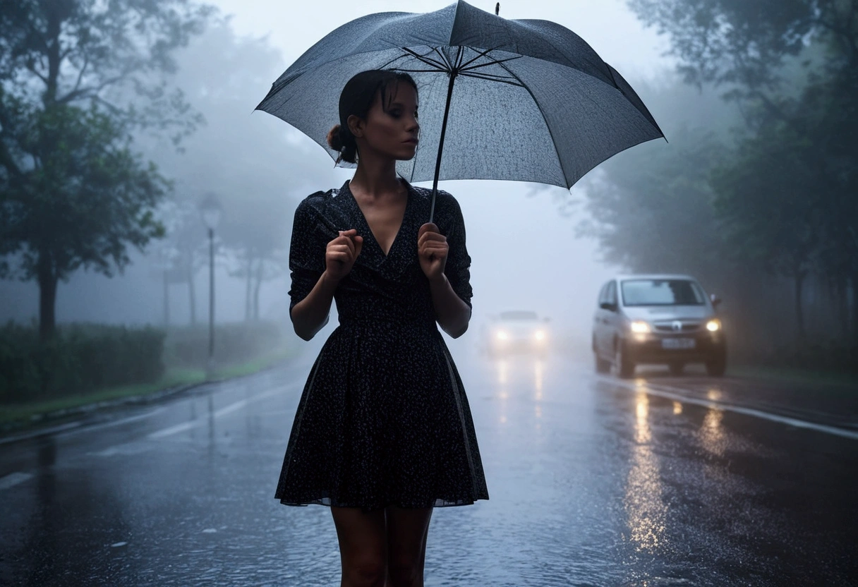 A photorealistic image of a person standing in the rain, with their back to the viewer. Raindrops fall from a dark, cloudy sky and create a curtain around the person. Each raindrop is illuminated by a soft light, making them appear like tiny crystals. If you look closely, you can see a faint outline of the person's face reflected in some of the raindrops.