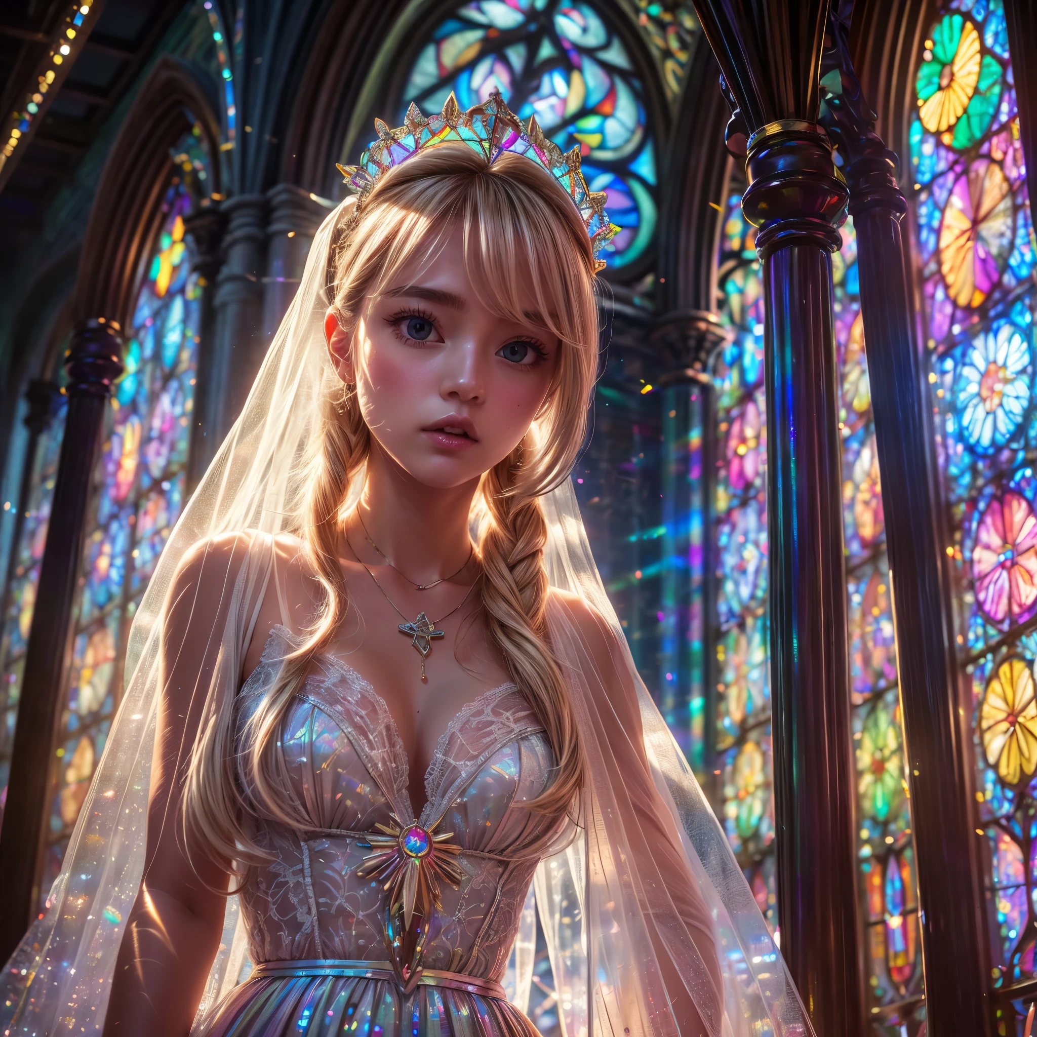  (Cathedral from below:1.28) (ZoomLayer) TopQuality 8K masterpiece of ((Professional photo)), (((Clarisse de Cagliostro))) (Detailed White WeddingDresses), Chain, (((Extremely detailed KAWAII face))) {((VeiledFace))|BlondeHair|(Elaborate BuleEyes)with(SparklingHighlights:1.28)}, The background is distant (((Elaborate stained glass))) Rainbow Glass, {(MysticSight)|EnchantingAtmosphere|Haze|(GodRays)|TyndallEffect}, Radiant PearlSkin with Transparency, (Exposed:0.39)