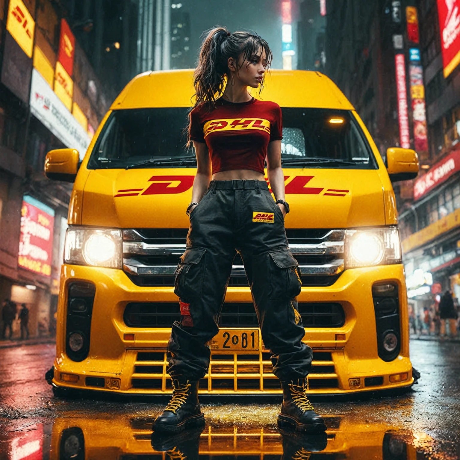 a woman standing in front of a yellow truck in a city, wojtek fus, dhl yellow dhl van and the lake, anime style mixed with fujifilm, style of cyberpunk 2 0 7 7, beeple style, hyper-realistic cyberpunk style, cyberpunk streetwear, cinematic beeple, in cyberpunk style, cyberpunk style , hyperrealistic