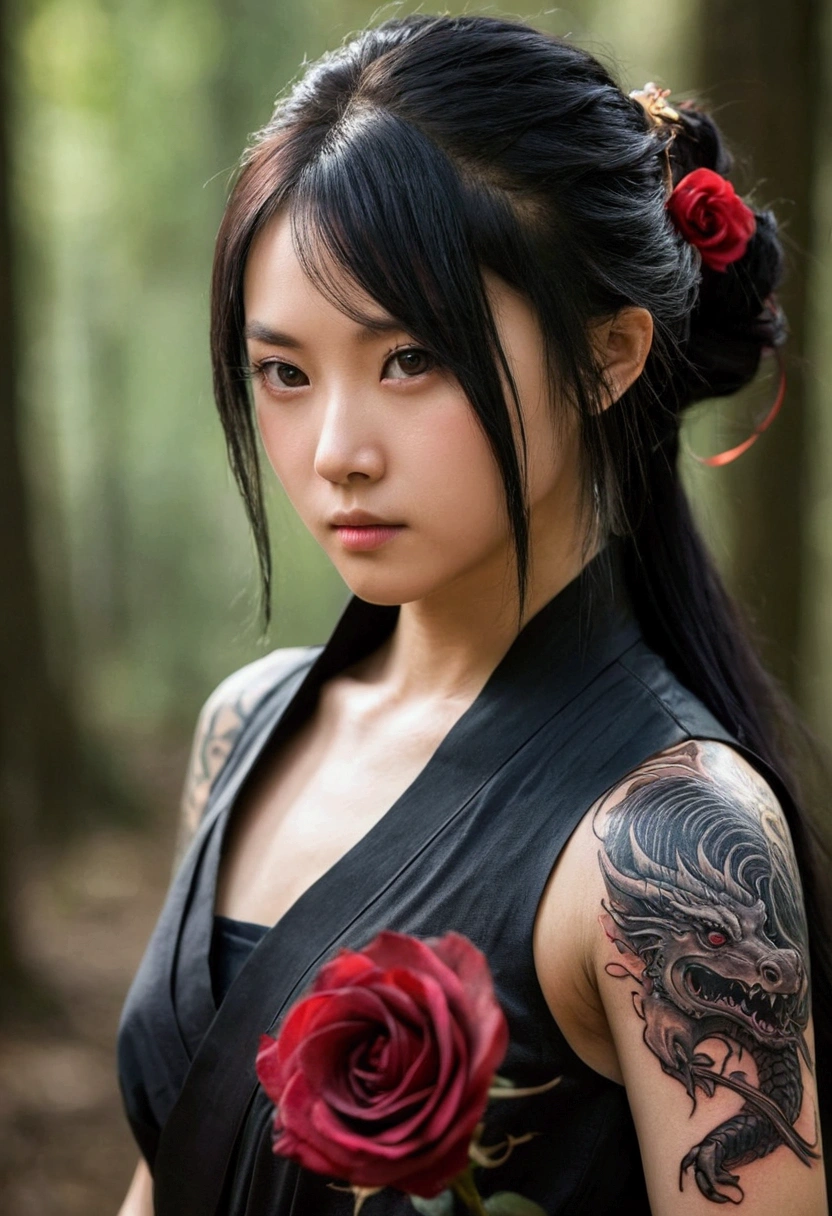 20Year、beautiful,、Cute Girls、Warrior、dragon tattoo on arm、Hold the Japanese sword in front of your body、Draw your sword and prepare、Sharp eyes、enemy'The blood is flowing to his cheeks、In the woods、Swordsman、Tattoo of a rose on the chest、blonde、short hair、Realistic Face、Swing your sword down、Delicate eyes、Laugh a little、