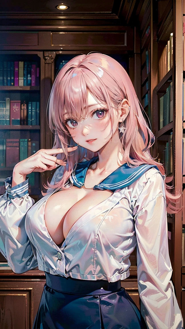 ((Highest quality, 8k, masterpiece :1.3)), (Sharp focus :1.2, Beautiful woman with perfect figure :1.4, Slim Abs), ((Big Breasts, Emphasize cleavage:1.2)), (Photorealistic:1.4), (realistic:1.4), (Pink Hair:1.5), Highly detailed face and skin texture, Fine grain, double eyelid. Makeup face, A little bit of lipstick, sex appeal, Sexy gravure pose, ((A high school girl wearing a white sailor suit and a light blue skirt。The background is the library、Surrounded by bookshelves。She holds a book in her hand、Smiling in a sexy pose。Glasses and simple earrings are her accessories.。:1.3))