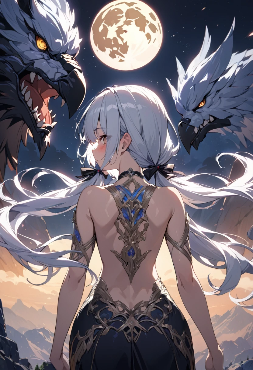 masterpiece, best quality, high quality, detailed, ultra detailed, hyper detailed, insanely detailed, exquisite, beautiful, FHD, Full-HD, 4K, 8K, highres, absurdres, woman, summoner, griffin, on the mountain, (with a full moon), with a nebula, at night, glad, embarrassed, standing, looking back, low twintails, white hair, brown eyes, tall, slender, glamorous, piercing, hair ribbon, cel anime, upper body, from front, golden ratio