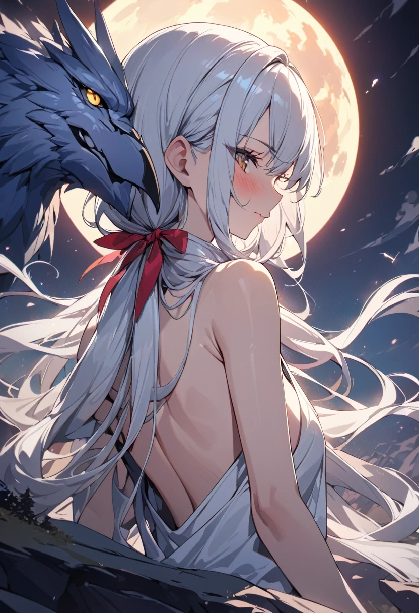 masterpiece, best quality, high quality, detailed, ultra detailed, hyper detailed, insanely detailed, exquisite, beautiful, FHD, Full-HD, 4K, 8K, highres, absurdres, woman, summoner, griffin, on the mountain, (with a full moon), with a nebula, at night, glad, embarrassed, standing, looking back, low twintails, white hair, brown eyes, tall, slender, glamorous, piercing, hair ribbon, cel anime, upper body, from front, golden ratio