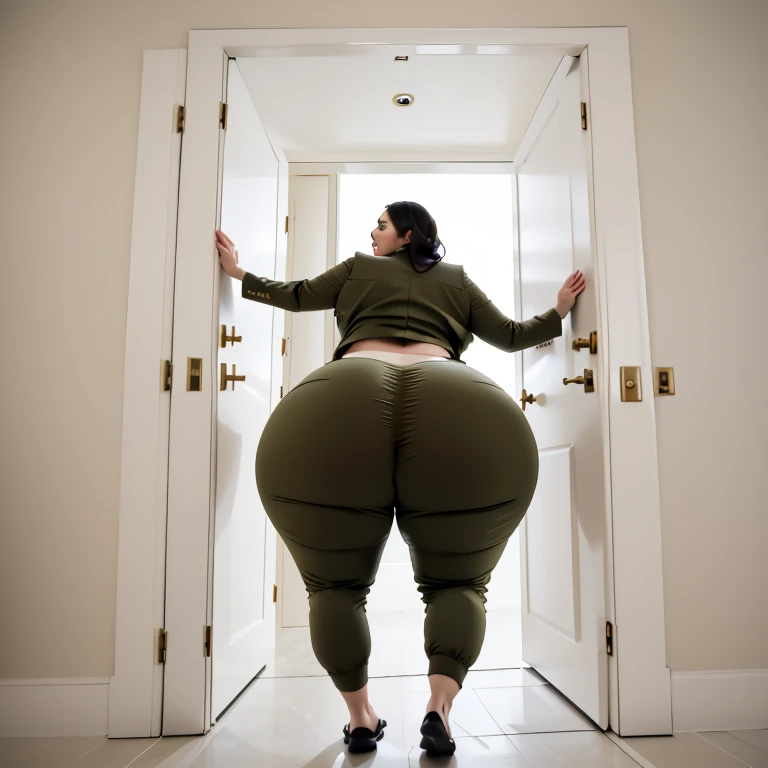 masterpiece, 1girl behind a doorway, from behind, (doorstuck, stuckback:1.3), ssbbw ,huge wide hips, round belly, thick thighs, giant butt,colorful clothing, wearing a olive green suit and tie and formal pants, upset, desperately trying to wiggle through, she tries to free herself but she won't budge, she is stuck tight view from behind, she is too wide, the doorway is quite narrow too, she kicks her legs furiously, trying to wiggle her hips through the small door, but its no good, the door is too small, she keeps trying to squeeze through with frustration, she is stuck too tight