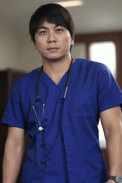 male, alone, short hair, (male性看護師), Short sleeve, (Medical scrub), Blues Club, Stylish scrubs, blue outfit, Photo Name Plate, Stethoscope, hospital, Professional Attitude, The subtle lighting is subdued, Smart Watches,