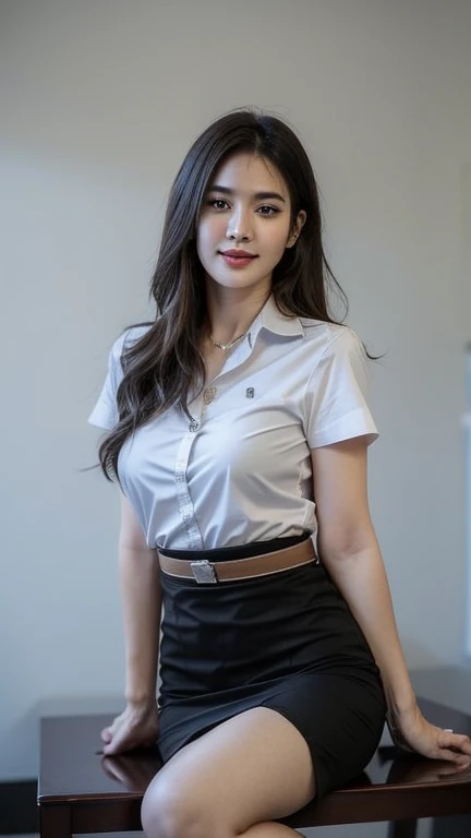 standยิ้มอยู่ , stand , (8ก, best quality, Masterpiece, very high:1.2) Photo of a beautiful Thai woman, Beautiful and charming with contemporary fashion paintings. , (1 girl), (White short sleeve shirt), ((black pencil skirt)), belt , , blonde hair, , Realistic skin texture , round chin, Art lens 85mm, F 1. 2, Sharp focus, High resolution 8K, Crazy details, complicated, elegant, big breasts, big breasts , black skirt