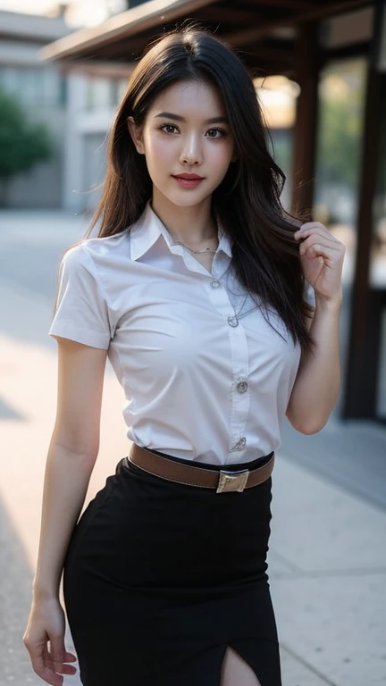 standยิ้มอยู่ , stand , (8ก, best quality, Masterpiece, very high:1.2) Photo of a beautiful Thai woman, Beautiful and charming with contemporary fashion paintings. , (1 girl), (White short sleeve shirt), ((black pencil skirt)), belt , , blonde hair, , Realistic skin texture , round chin, Art lens 85mm, F 1. 2, Sharp focus, High resolution 8K, Crazy details, complicated, elegant, big breasts, big breasts , black skirt