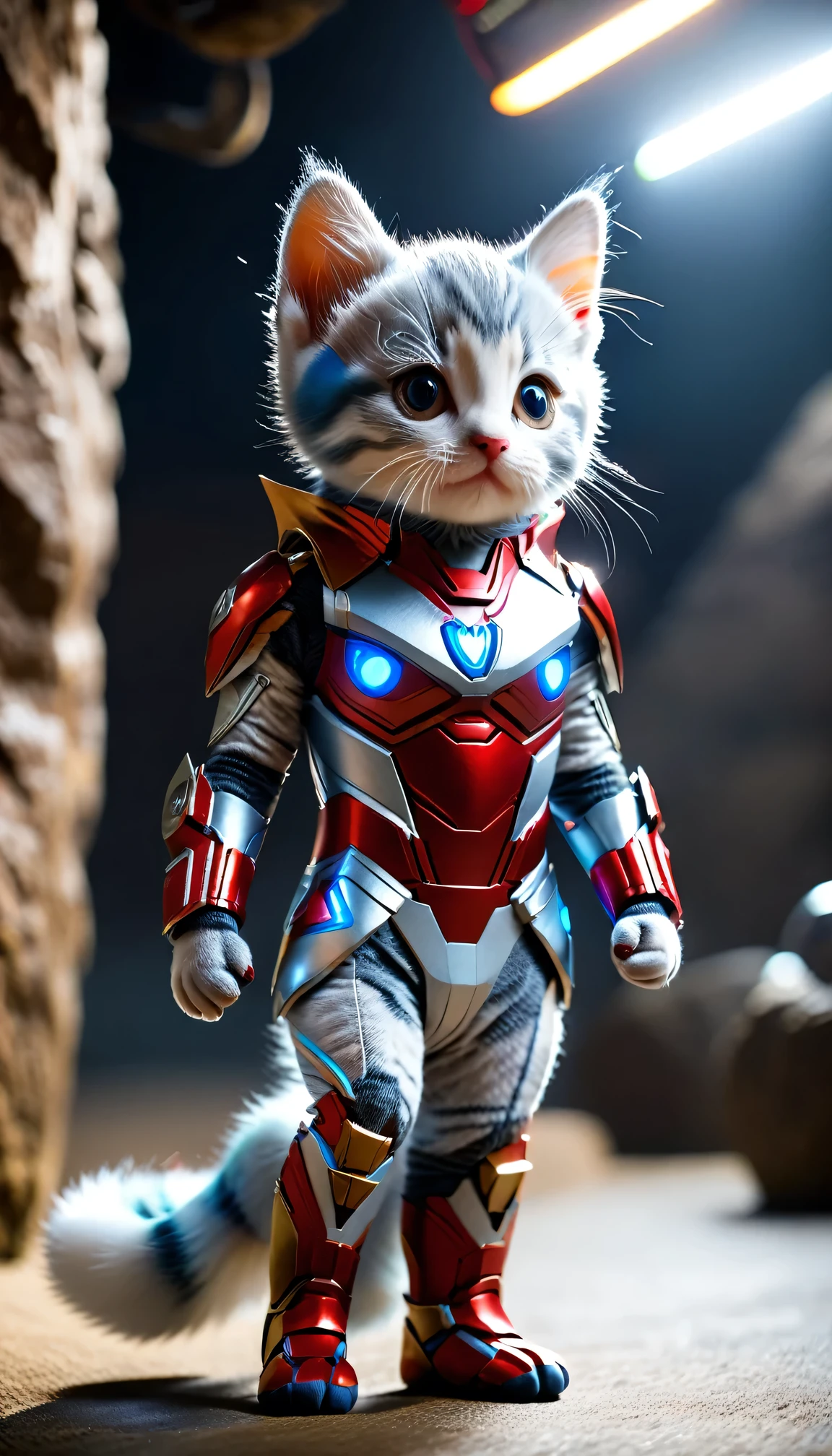 (8k)), highest quality, 超High resolution, (High resolution), Short legged kitten, ((Ultraman Costume)), Spectacular sight,((Chuckle-Smile))