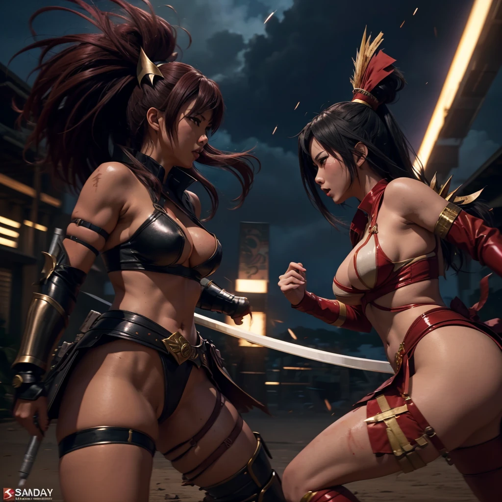 Two very sexy Warrior anime girls in sexy Filipino outfits clash attack sticks in a battlefield at night with each other