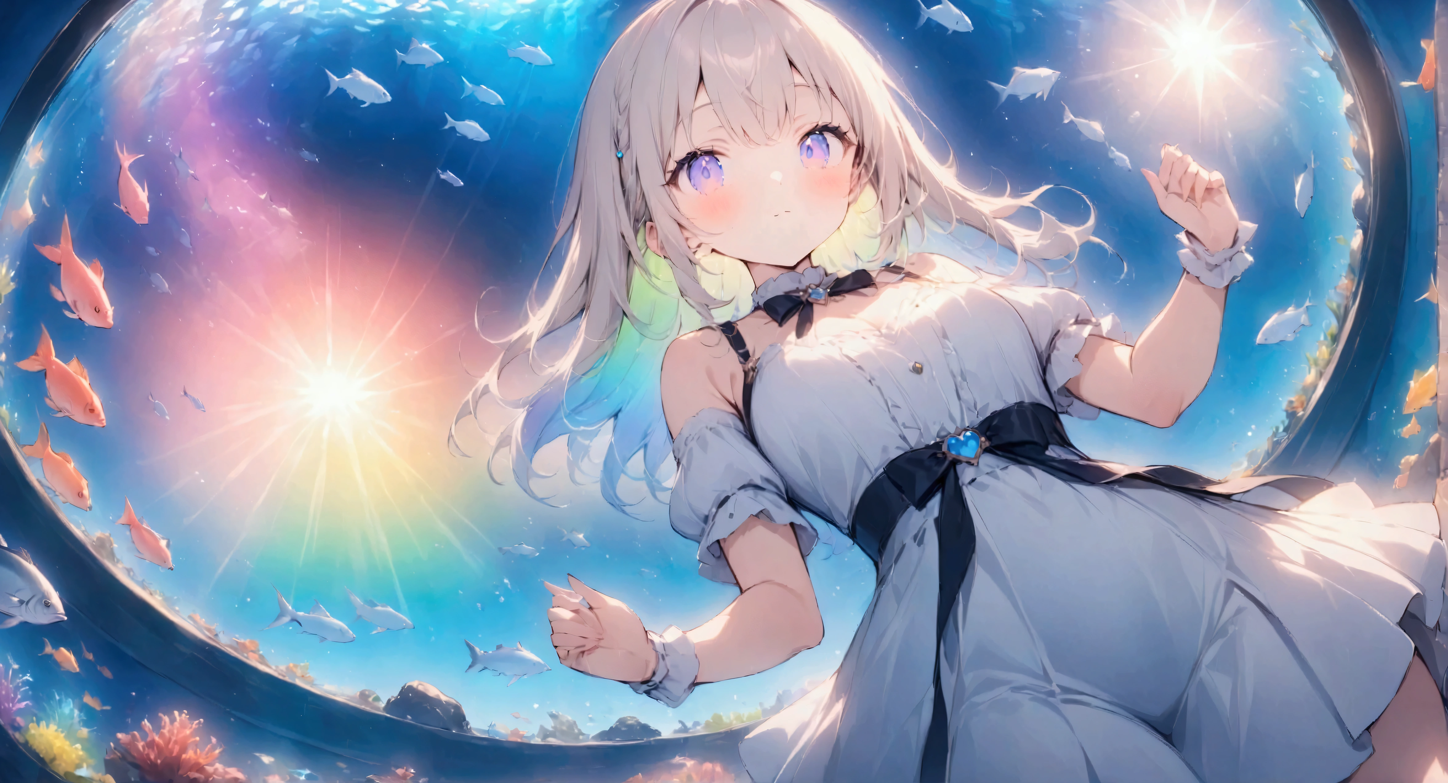 Anime Style、high resolution,((masterpiece:1.2)),aquarium、Aquarium with light streaming in、Beautiful fish、Girl looking at、cute,Wide-angle lens,Unrealistic colors、Rainbow colors