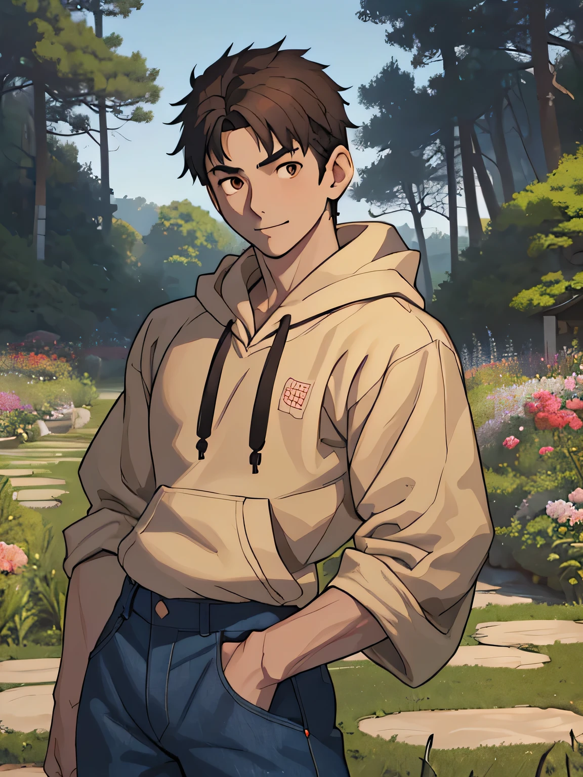 ((masterpiece)), ((best quality)), (ultra-detailed), (((((Garden of Japan house, Not in the shade, Landscape, cowboy shot))))), (8k, ultra-detailed, 1boy, solo, 16 year old boy, worm eyes, Natural smile), Young boy, ((((Height: 168cm, 6.5 heads, baby face, Innocent face, ruddy skin, Toned body)))), (Black Short straight hair, brown eyes), Vivid colors, ((A loose fitting plain hoodie, The sleeves reach to the elbows), Denim trousers)