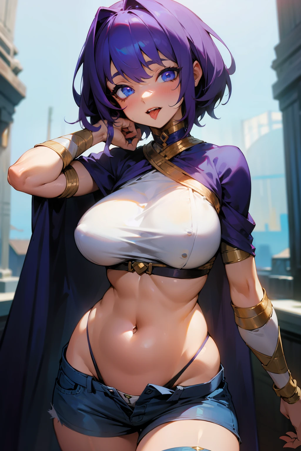 Cute mummy girl, short dark purple hair, white wrap, blue eyes, blue tongue, big breasts, short pants, exposed belly,