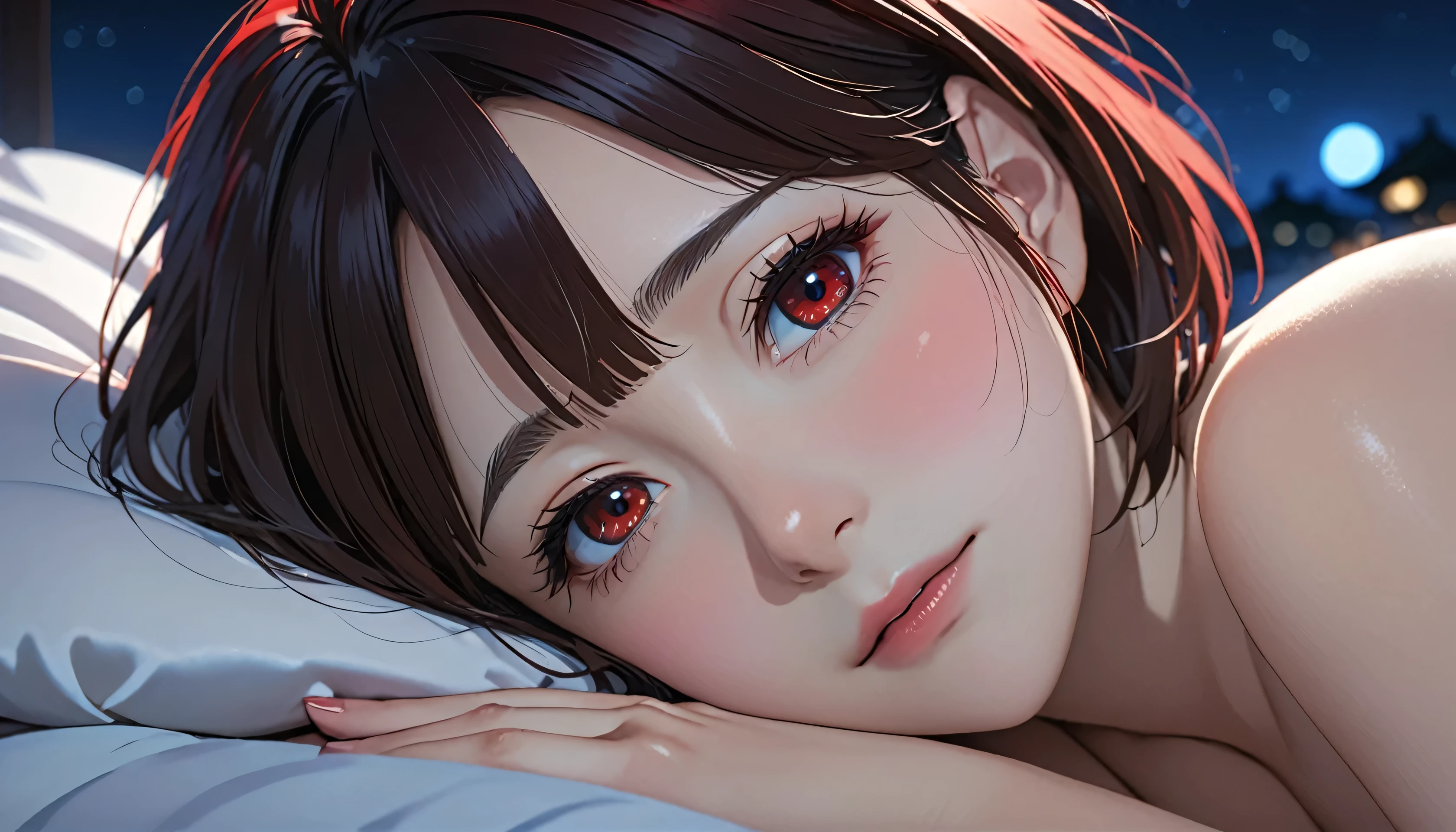 masterpiece, High resolution, figure, Kyoto Animation Style, Your Name Movie Style, night, midnight, Light, (1 female: 1.3), (alone: 1.4), Long eyelashes, Short Bob, Red nose, futon, Lying down, naked, Face close-up, Hide with hand chest, Hide with hand,