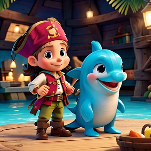 pirate talking to dolphin and fish