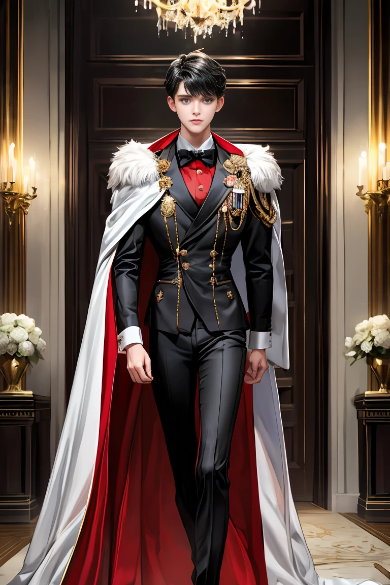 masterpiece, 最high quality, high quality, 1 boy, alone, Male focus, Watching the audience, Messy black hair, Adorable big blue eyes, White, Noble, Noble,A sexy, voluminous, puffy cape、tuxedo、A very voluminous, large, very large, very large, long, long red and black cape with a high stand-up collar, made of a lot of fabric that reaches down to the floor., 17 years old,Cute beautiful boys,Cute, cute, kind, handsome guy