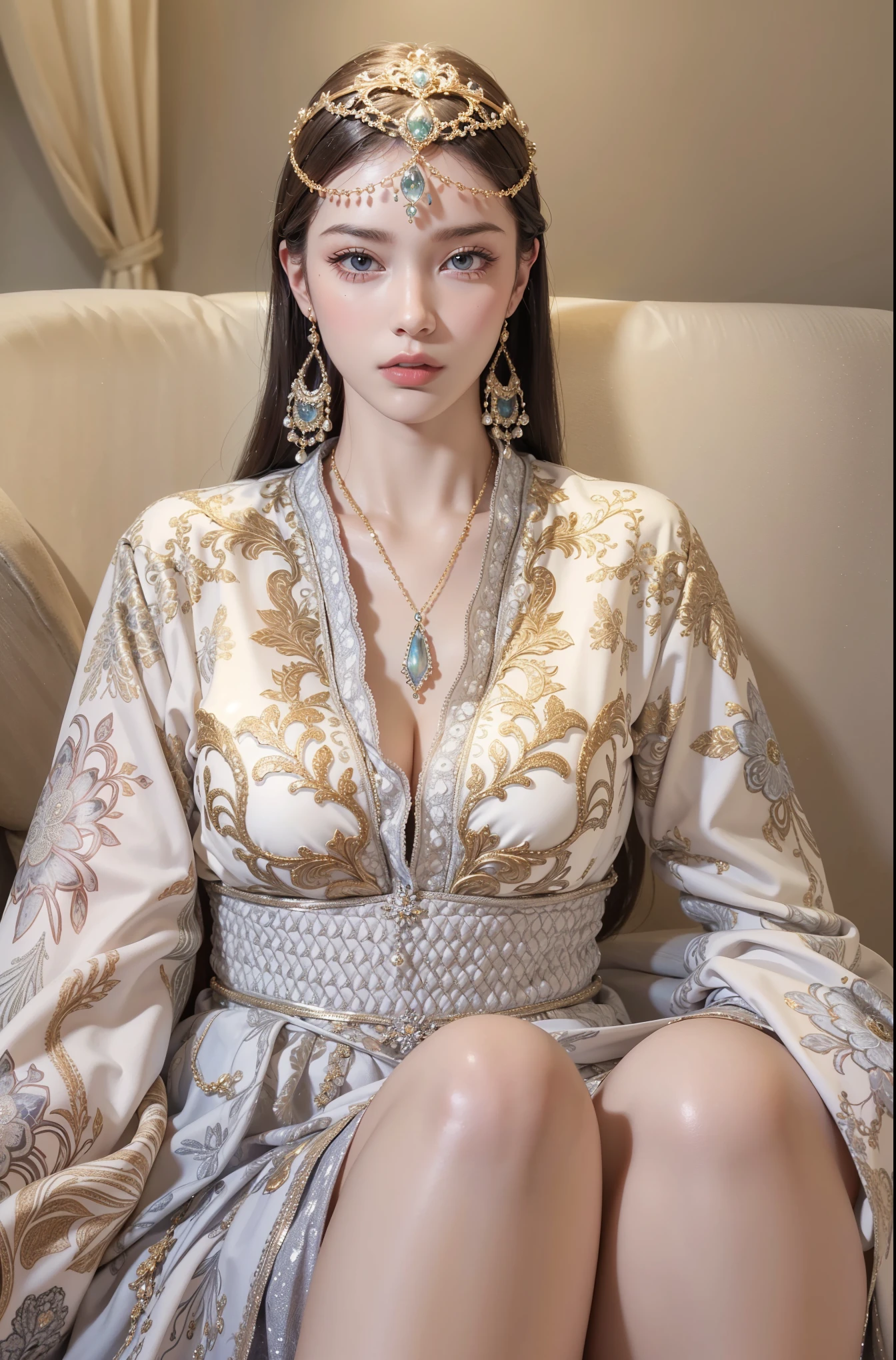 Very detailed, Delicate face, Realistic style, Stock Photography , rich and colorful, Surrealism, Realistic textures, Dramatic Lighting, Distiller 800 (8K, original photo, Better quality, masterpiece: 1.2), Very detailed, (Extremely delicate skin: 1.2), 8K Ultra HD, SLR camera, Soft Light, high quality, Frozen Queen,, snow castle,Blue pupils,Apply red lipstick,Tattoo Queen,Gorgeous clothing,gem, diamond, Gold Jewelry,Sitting on the sofa