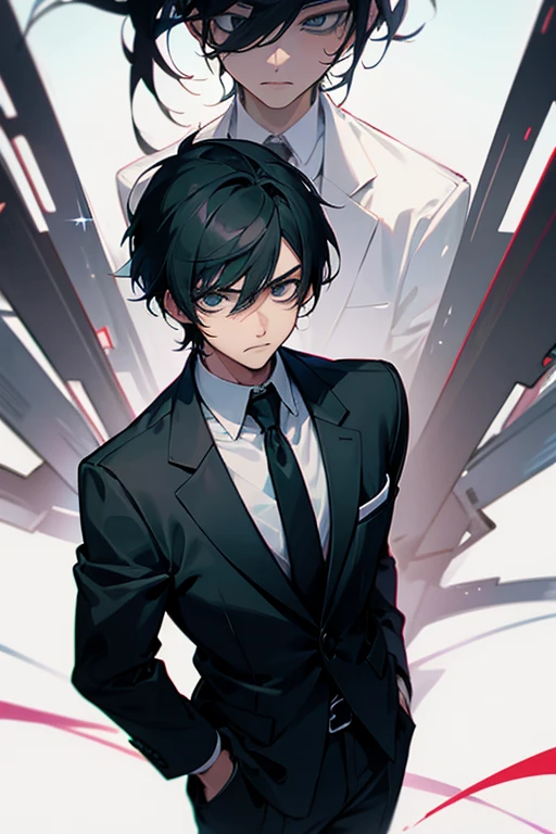 a young man with black hair wearing a suit. anime style. he has a sad face.