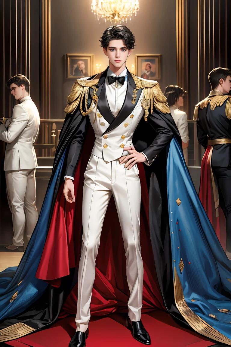 masterpiece, 最high quality, high quality, 1 boy, alone, Male focus, Watching the audience, Messy black hair, Adorable big blue eyes, White, Noble, Noble,A sexy, voluminous, puffy cape、tuxedo、A very voluminous, large, very large, very large, long, long red and black cape with a high stand-up collar, made of a lot of fabric that reaches down to the floor., 17 years old,Cute beautiful boys,Cute, cute, kind, handsome guy