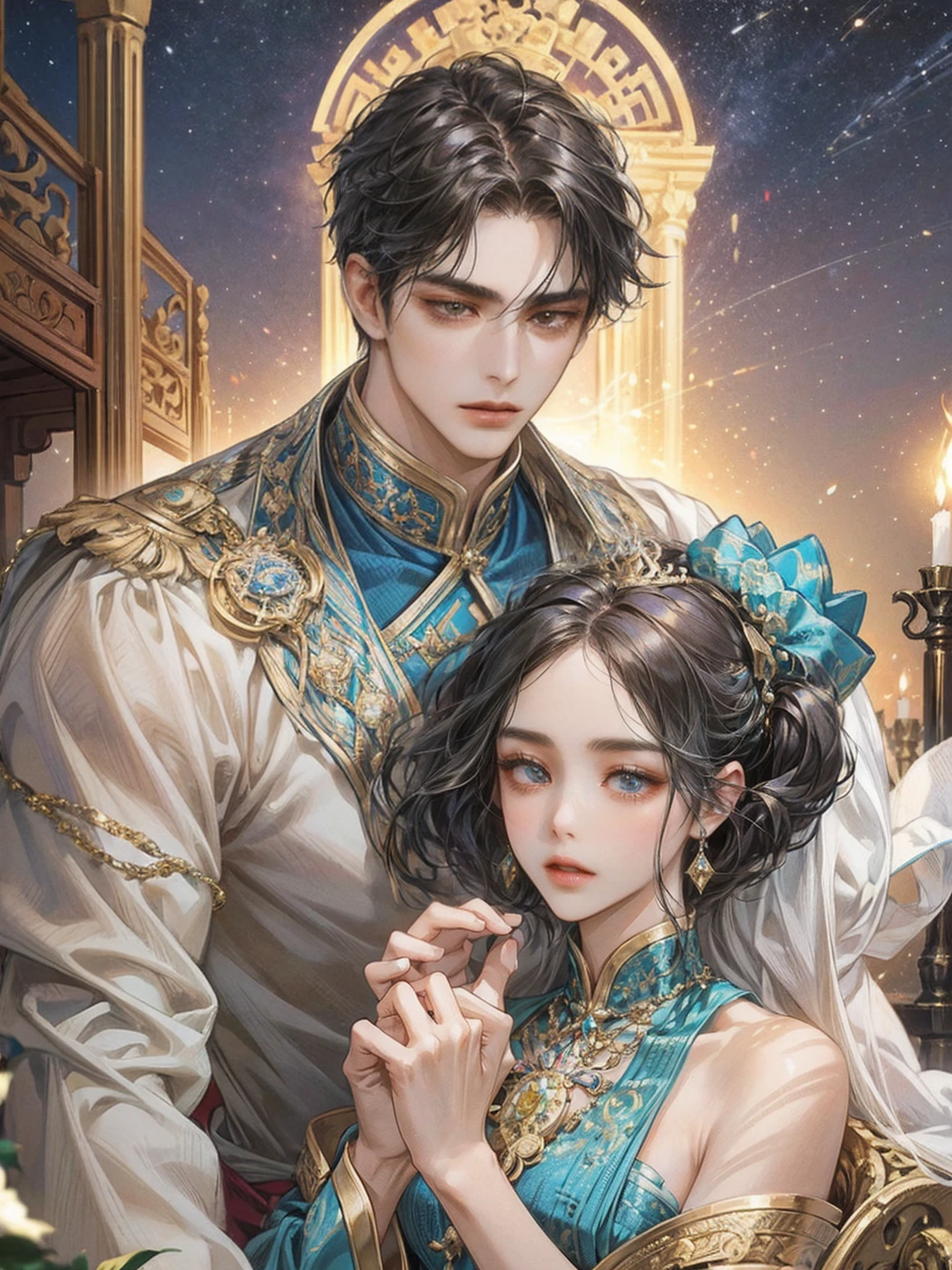 masterpiece, Highest quality, Very detailed, An intimate encounter between a man and a woman unfolds in a heartwarming and enchanting scene.。The stage is、steppe of central asia。The banks of the great river sparkling in the sunlight。Fantastic and majestic continental scenery。Creates a romantic atmosphere。 They stand facing each other,。their heights are different from each other。 emphasizes their unique physical characteristics。 That man is his height,Has dark hair that frames his striking face。The man is the crown prince of a steppe nomadic empire.。The man was wearing an ultramarine costume.、It is decorated with intricate golden embroidery.。A woman is a civilian in the oasis and is wearing Uyghur national costume.。The woman is delicate and .。Show off your radiant beauty with flowing, brightly colored hair. Their lips meet in a passionate kiss。 their pure love、Emphasis is placed on transcending class and culture.。 This magical moment captures the essence of their love,。evokes a feeling of sweetness and enchantment。Japanese girl manga patterns、symbolism、impressionism、romantic、Persian miniature、Reminiscent of the style of Alma Tadema and Gustave Moreau、It has an exotic, luxurious and profound charm.。