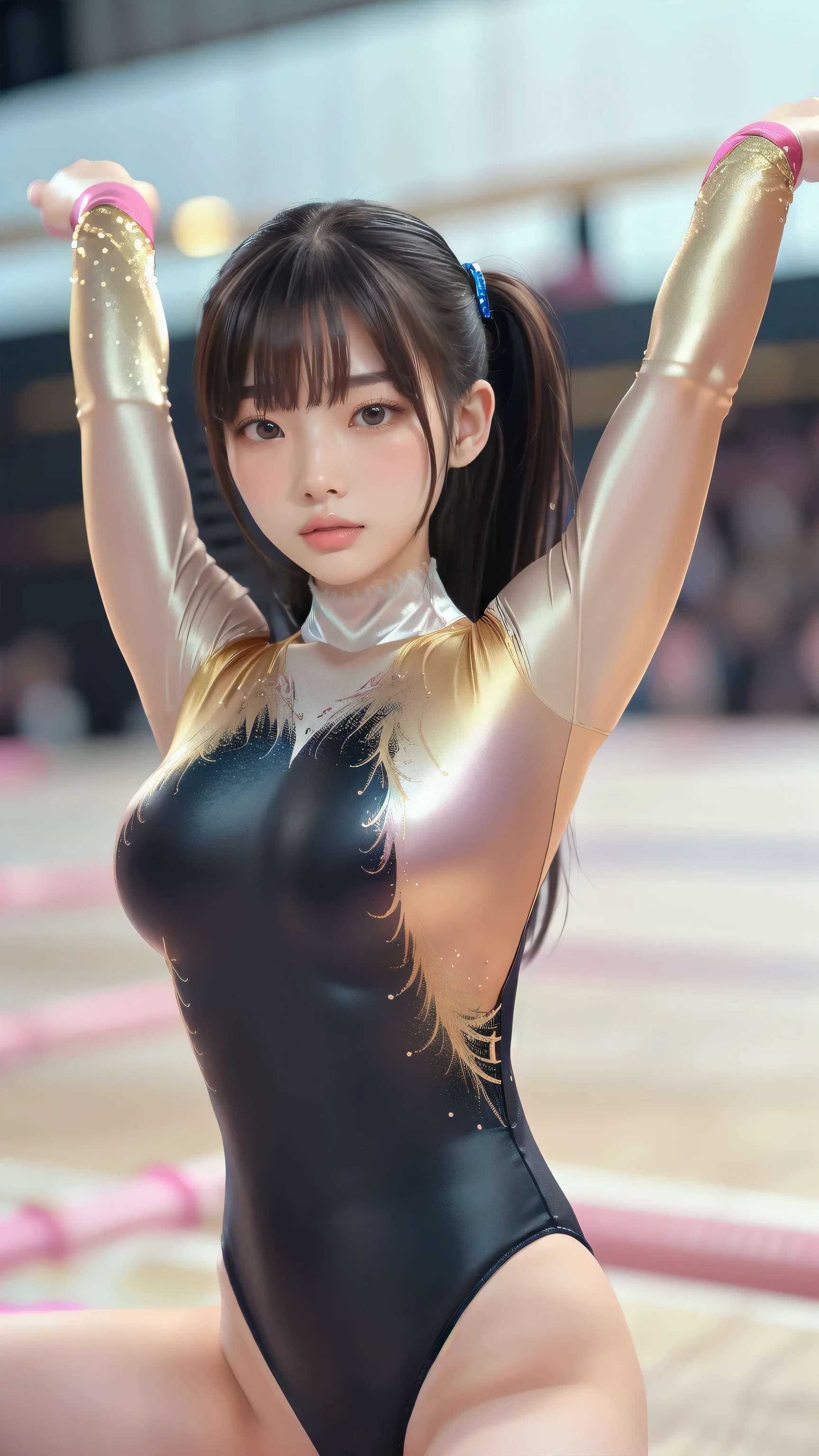 ((indoor, 新gymnastics arena, gymnastics arena:1.3)), (Highly detailed skin, Beautiful realistic face, White skin, Pointed Chest, Small nipples, Perfect Anatomy, Realistic eyes, Natural Eyes, Brown eyes, Accurate eye focus, Accurate limbs), (Hyper Realist, ultra-realistic, 4K, Attention to detail, Ultra-high resolution, Highest quality, masterpiece, Presence, dynamic, Uplifting, bold, Sharpness), (Thinning hair:2, Soft Hair:2, Straight hair:1.5, Long, slicked bangs, Light copper amber hair, Hair on one eye, Twin tail hair), (Female gymnast, Detailed costume, Wearing a long sleeve leotard:1.5), Shiny long sleeve leotard, Metallic colors long sleeve leotard, Racing long sleeve leotard, Gymnastics Long Sleeve Leotard, ((High leg long sleeve leotard, Long sleeve leotard with crystal embellishment)), ({Metallic red color| Metallic purple color| Metallic white color| Metallic navy color| Metallic pink color| Metallic gold color| Metallic silver color| Metallic black color| Metallic colors}Long sleeve leotard colors), (Big Breasts:1.5), Tall, Elongated arms and legs, Small waist, Small hips, (Crouching, M-shaped split, squat:1.2, squat with your legs wide apart, Spread your legs), The long-sleeved leotard is digging into her butt, barefoot, Looking into the camera, smile, (Underhair does not grow), 