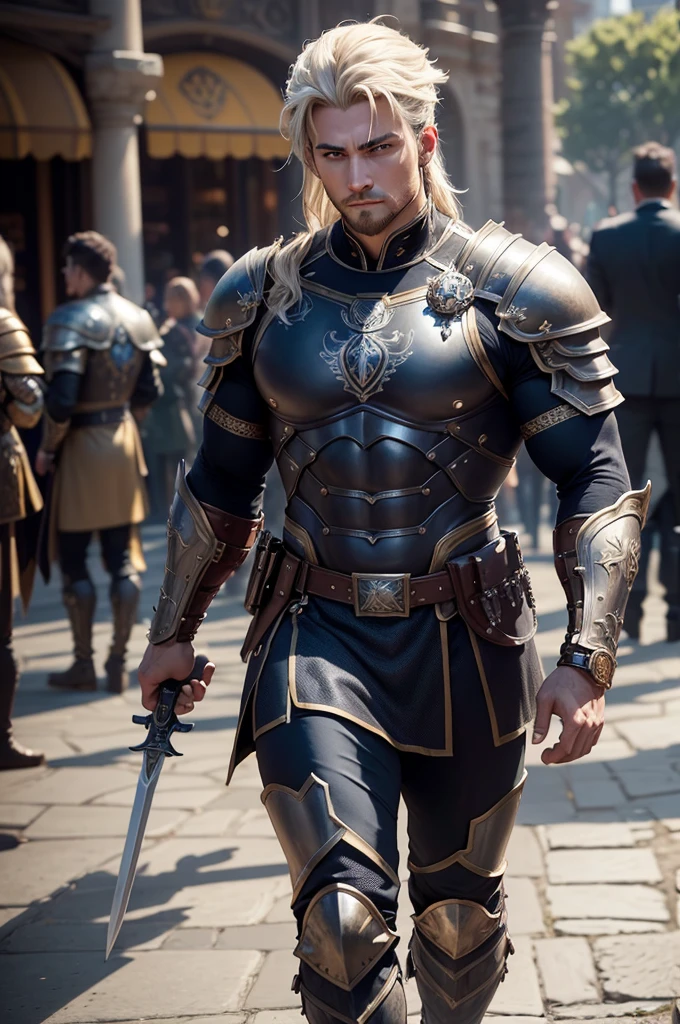 Here’s the updated detailed prompt to create an image where the character from the provided photograph is placed into the given fantasy setting, with the additional details about the armor and utility belt:
---
**Prompt for AI Image Generation Tool:**
Create an image of **Prince Fabrício** standing in the grand plaza of **Vitória**.
**Appearance:**
- **Face and Skin Tone:** Use the face and skin tone from the provided photograph. Ensure the hair is short and matches the facial features exactly.
- **Height:** 2.40 meters (7 feet 10 inches)
- **Weight:** 225 kg (496 lbs) of pure muscle, resembling a professional bodybuilder
- **Armor:** Heavy, intricately detailed armor inspired by the provided image, but painted in metallic midnight blue. The armor is adorned with griffin insignias and rich moldings throughout. Include pauldrons, chest plate, vambraces, and greaves, featuring intricate engravings and decorative patterns.
- **Abdomen Protection:** The abdomen is protected by a robust cuirass made of vibranium.
- **Utility Belt:** Thick, crafted from sturdy leather and vibranium chains, extends from mid-abdomen to mid-thigh, equipped with various tools and weapons.
- **Leg Armor:** Thighs are protected by multiple layers of buffalo leather and black adamantium mesh.
- **Boots:** Sturdy, made of titanium and wild boar leather, resistant to any temperature and imbued with speed-enhancing magic.
- **Weapon:** Katastrofikí Dýnami, a majestic long sword with mystical runes, sheathed on his back.
**Background – The Grand Plaza of Vitória:**
- **Setting:** A stunning open space surrounded by magnificent architecture, blending classical and fantastical styles with ornate carvings and statues.
- **Activity:** The plaza is bustling with activity, with people going about their daily routines, merchants selling their wares, and soldiers patrolling the area.
- **Protective Sphere:** The subtle glow of the protective sphere field generated by the mana stone.
- **Walls:** Ma
