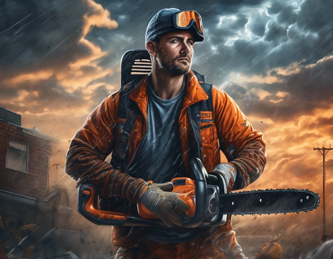 (hyperrealistic), (illustration), (a high resolution), (8 K), (extremely detailed), (best illustration), wear ( Man with a chainsaw ), (beautiful detailed eyes), (Best quality), (ultra detailed), (masterpiece), (wallpaper), (detailed face), Dark, clouds, Dark ночь