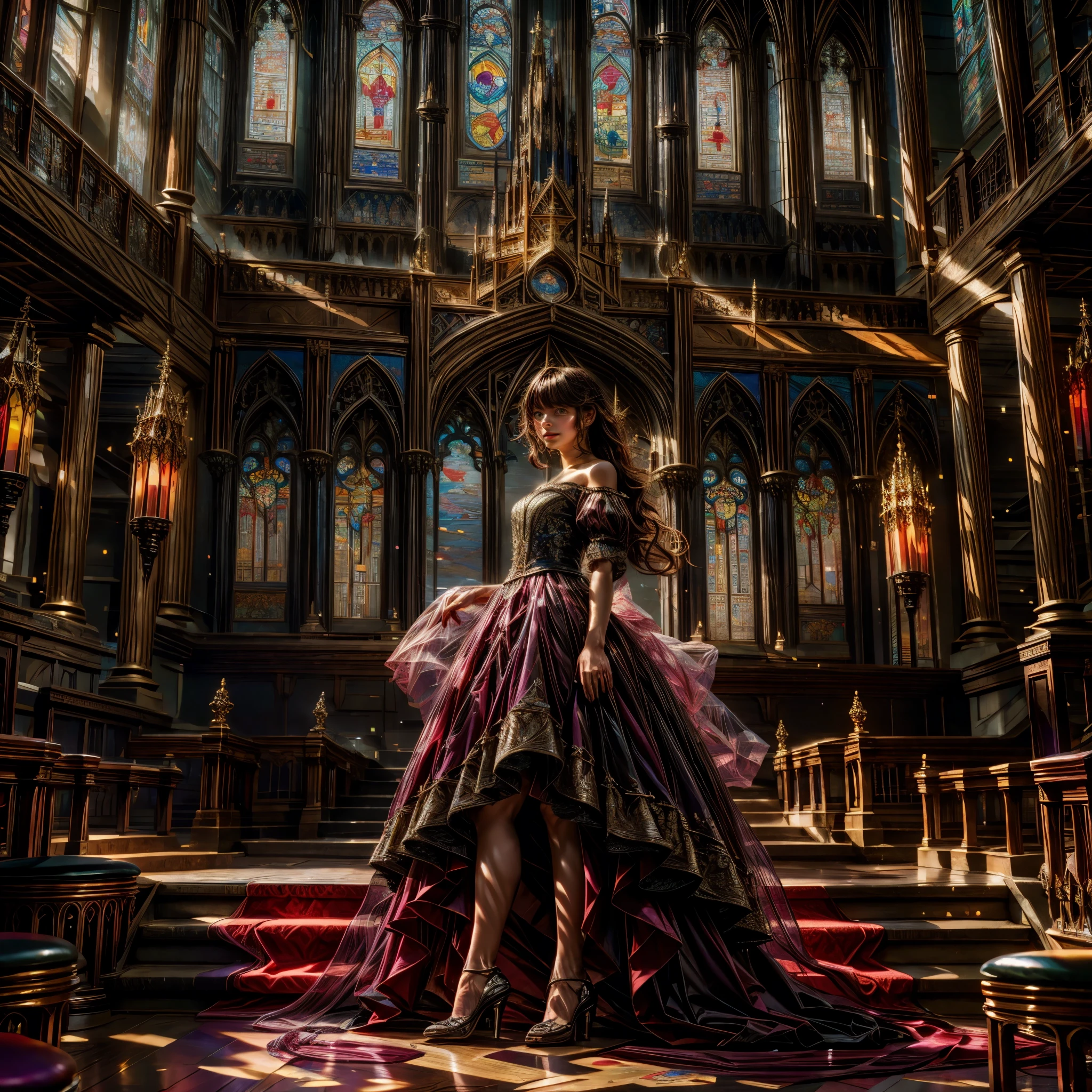 (Cathedral from below:1.28) VolumetricLighting (FullBody ZoomedOut:1.28 Wide-shot) ZoomLayer (BokeH:1.32), TopQuality 8K masterpiece of ((Professional photo)), (((Clarisse de Cagliostro))) (Detailed Delicate Dresses), Chain, Extremely detailed (KAWAII face) {(VeiledFace)|BlondeHair|(Spanking BuleEyes)}, The background is distant (((Elaborate stained glass))) Rainbow Glass, (MysticSight), GodRays, Radiant PearlSkin with Transparency, (Exposed:0.38)