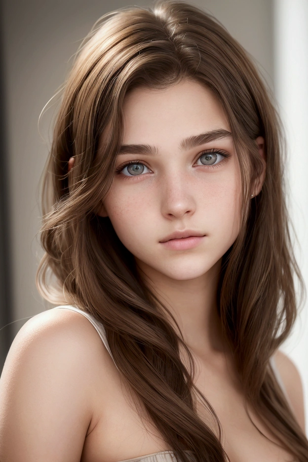 Ultra-realistic photograph of an 18-year-old girl with shoulder-length light brown hair. Your face has a square or rhombus shape, with clear skin and visible texture, showing realistic details such as pores and