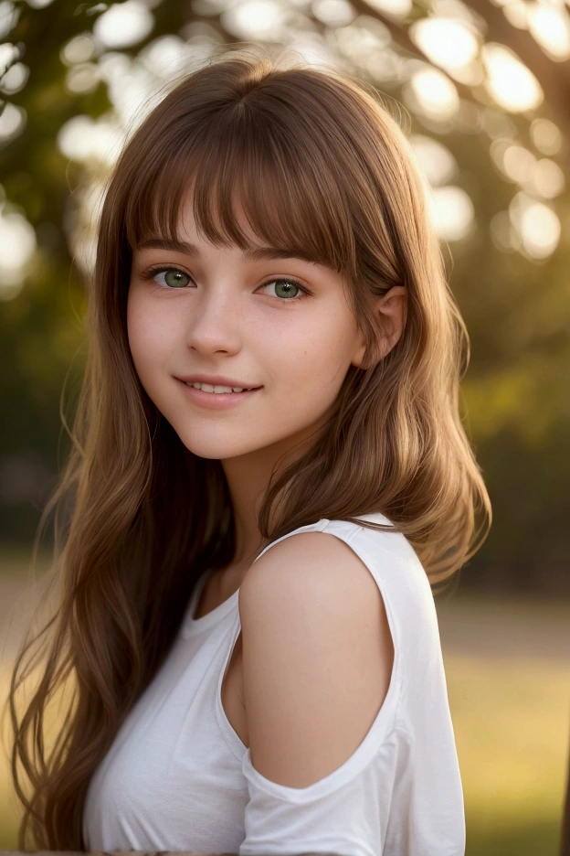 Ultra-realistic photograph of an 18-year-old girl with shoulder-length light brown hair. Your face has a square or rhombus shape, with clear skin and visible texture, showing realistic details such as pores and slight imperfections. He has expressive green eyes and is smiling softly with a serene expression.. Wear a simple white t-shirt. The environment is natural, with a slightly out of focus background of trees and flowers, creating a bokeh effect. The lighting is soft and warm, evoking the golden light of the sunset. The image is high resolution, with a sharp focus on the girl's face and an aesthetic and cozy atmosphere.