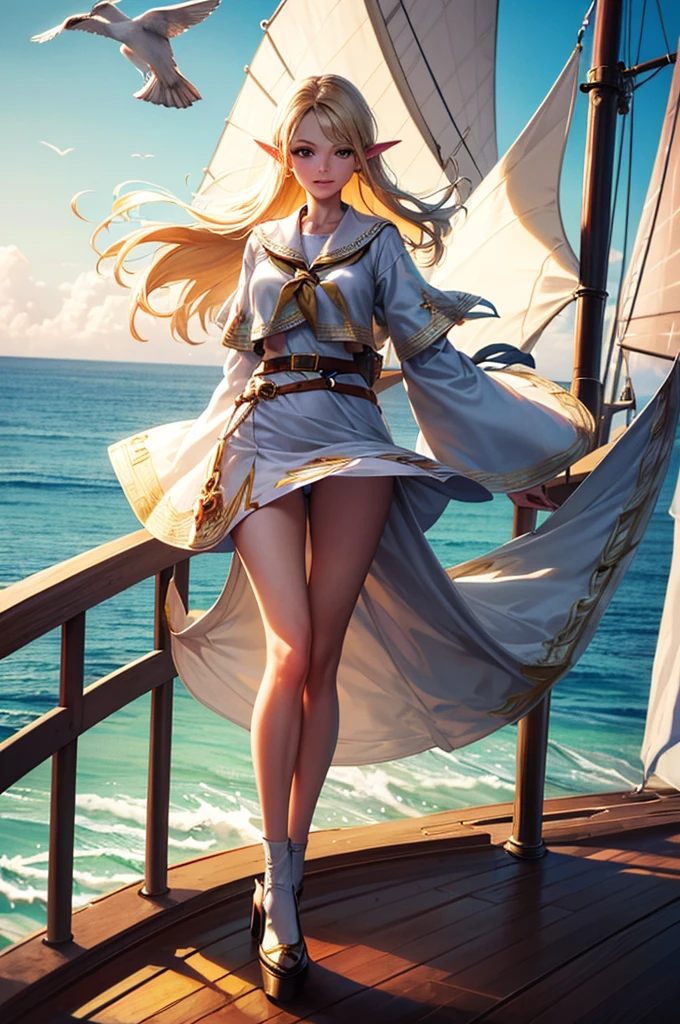 (((masterpiece, Highest quality, High resolution, Attention to detail)))), ((((Fantasy))), One, (Elf Woman)))), (White short skirt with gold embroidery), (Long straight blonde hair), (Shiny dark green eyes), (White frilly blouse with gold embroidery), big, (((On the deck of a sailing ship at sea)), (Vast ocean))), (The sky with clouds)), (( Seagulls flying in the sky)), smile, (Wind), Particles of light flying
