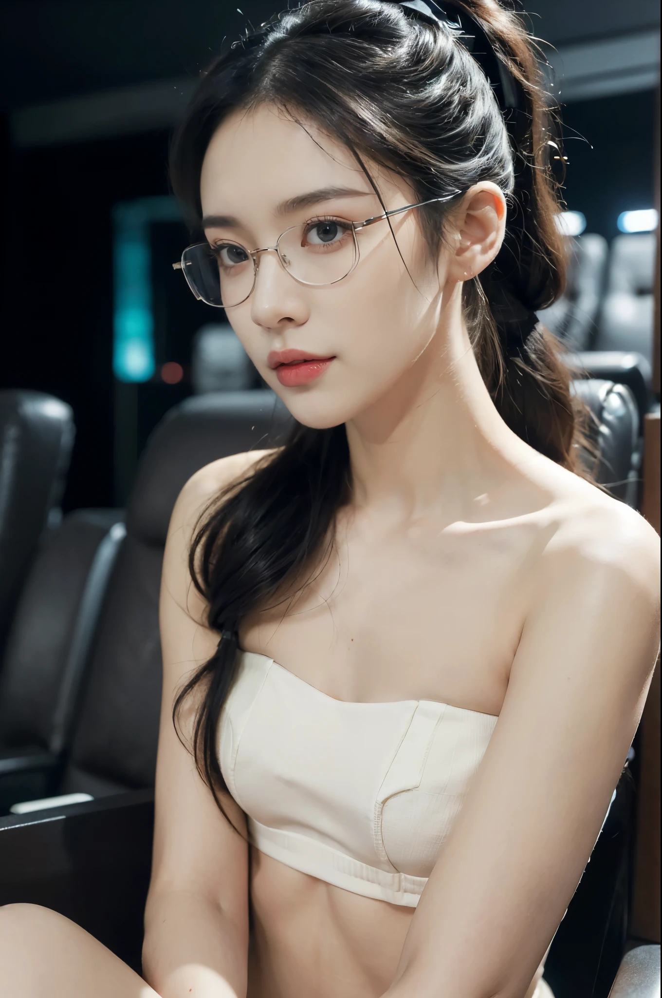 (((best quality))),(((ultra detailed))),(((masterpiece))),illustration,((a beautiful girl,solo)),(short ponytail:1.2),(glasses:1.2),((slim,thin)),((small breasts,flat chest)),(sitting:1.3),(in a movie theater:1.3),(strapless white bra:1.3),elegant, youthful innocence, radiant skin, focused eyes,(movie screen:1.2), (dimly lit:1.5), plush seating, intricate decorations, freshly popped popcorn, anticipation, peaceful expression, cozy surroundings, summer,(night scene:1.3),(Luxurious decoration:1.3), tranquility, joy,((Future technology sense, cyberpunk style)),((from front,close-up of face))