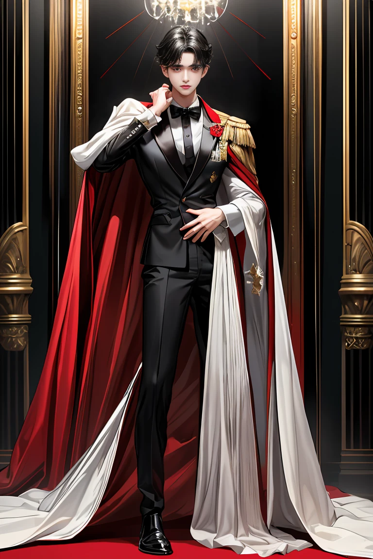 masterpiece, 最high quality, high quality, 1 boy, alone, Male focus, Watching the audience, Messy black hair, Adorable big blue eyes, White, Noble, Noble,A black and red cape that is bursting with sexy volume、Tuxedo、A very voluminous, large, very large, very large, long, long red and black cape with a high stand-up collar, made of a lot of fabric that reaches down to the floor., 17 years old,Cute beautiful boys,Cute, cute, kind, handsome guy