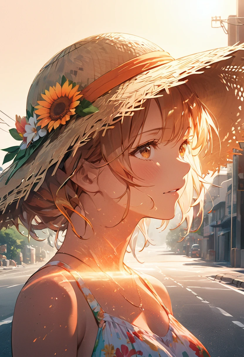 (masterpiece, best quality, super detailed), double exposure, upper body of girl wearing summer outfits and straw hat, heat haze, mirage, road mirage, The heat causes the air to fluctuate, making the landscape or the figure of a person appear distorted Swayingly, Diffuse reflection of sunlight, asphalt road in summer, sweltering hot summer, The scenery looks shaky because of the heat