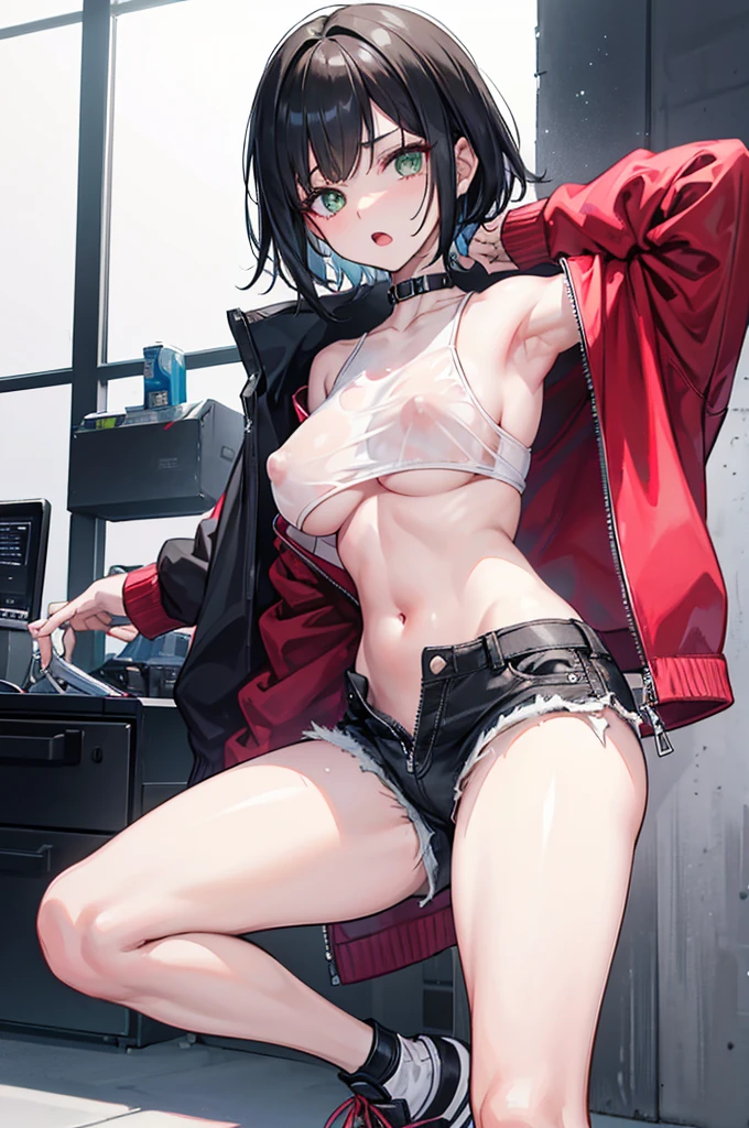 1girl, short black hair, tousled hair, messy hair, green eyes, red jacket, red and black jacket, white top, white tank top, white transparent top, sheer fabric, thin fabric, sheer top, transparent top, white transparent top, loose white top, downblouse, down blouse, no bra, pink nipples, hard nipples, erect nipples, poking nipples, belly, midriff, tomboy, boyish, masculine, androgynous, badass, sideboobs, sidebreast, sideboob, underboobs, armpit, armpits, ribcage, city, city background, black denim shorts, ripped jeans, unbuttoned shorts, unzipped pants, low-rise, looking at viewer, full body, raised arms, raised arm, tying hair, open mouth, short shorts, mound of venus, pubic mound, vagina, cameltoe, hot pants, cyberpunk, cyberpunk city, short shorts, mound of venus, pubic mound, vagina, cameltoe, unbuttoned shorts, unzipped pants, low-rise, white top, white tank top, white transparent top, sheer fabric, thin fabric, sheer top, transparent top, white transparent top, loose white top, downblouse, down blouse, no bra, pink nipples, pulled down pants, lowrise, low-rise jeans
