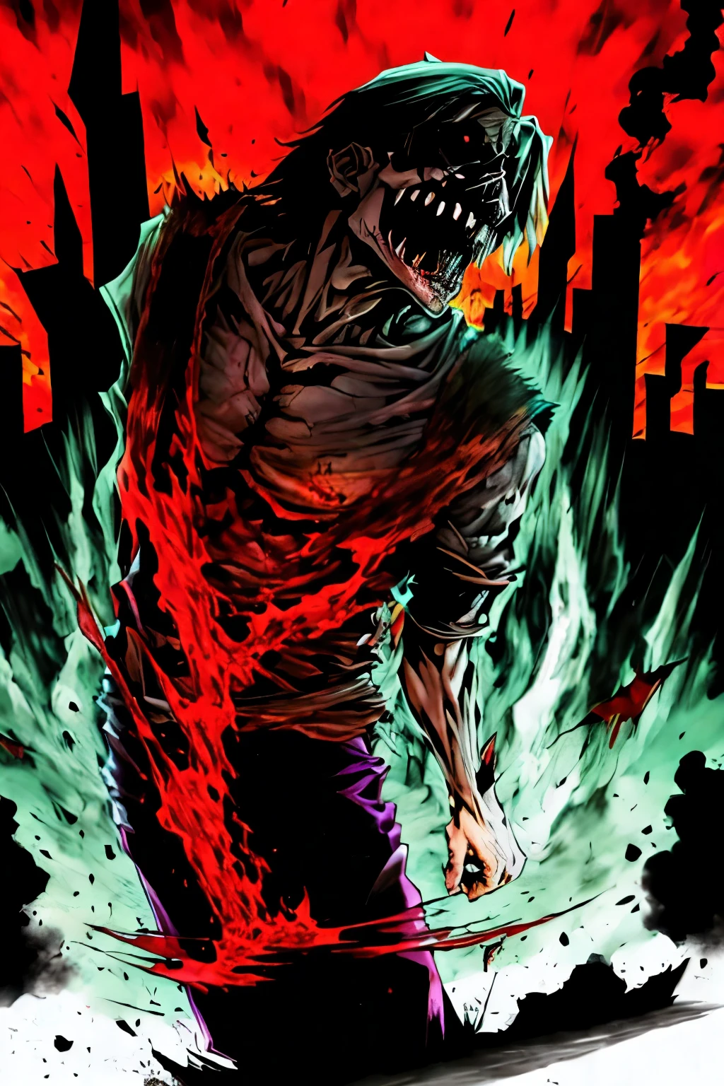At night, on the street, in the red moon, there is a male zombie resembling a chameleon, animal skin, lying on the ground and creeping forward, with a long tongue, white eyes, black hair, no blood, rubble, firelight, ruins, super high detail, high real, 4K, chiaroscuro, super high detail