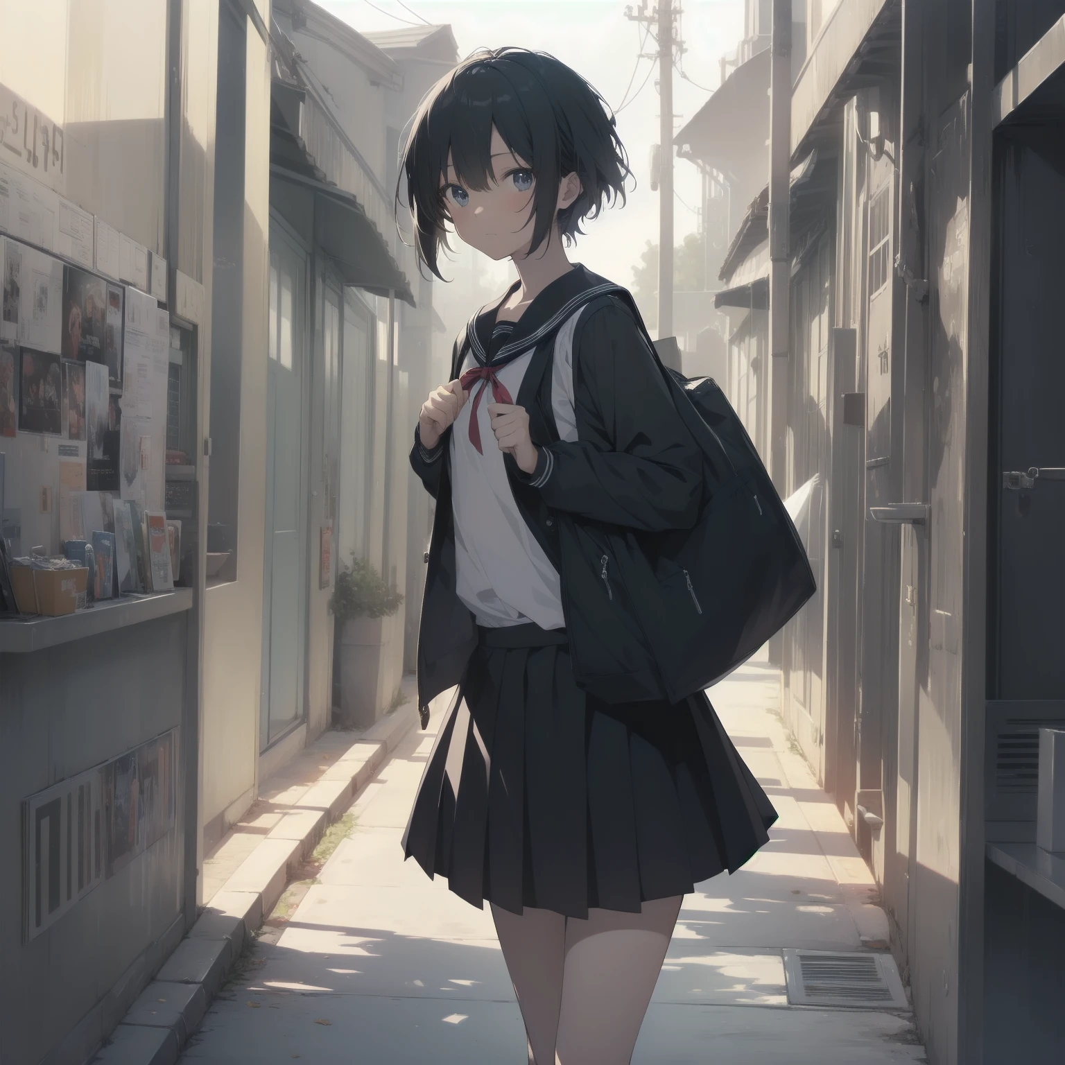 ultra-absurdres-Top quality by artist God, ultra-detailed, high resolution, anime moe artstyle, best anime 8k konachan wallpaper, pixiv contest winner, pool:2810, perfect anatomy,break, 1girl, (Please draw a girl walking sleepily to school alone. )break,(Solo,little female, 13-year-old:1.3),Full limbs, complete fingers,a junior high school student, (very short hair), short cut, flat chest, , small butt, small black eyes, beautiful detailed eyes, well-proportioned iris and pupils, expressive eyes, highres detailed hair, soft expression, salor school_uniform, sailor collar, serahuku, bow, pleated skirt,(Detailed Lighting), (Detailed background), in the School commute route. break,super detailed skin, Best cinematic lighting powered by famous artist, 8k,beauty illustration,photoshop_(medium),very aesthetic,break,((artist:zen_(kamuro) )), artist:clamp ,artist:carnelian ,artist:kantoku ,
