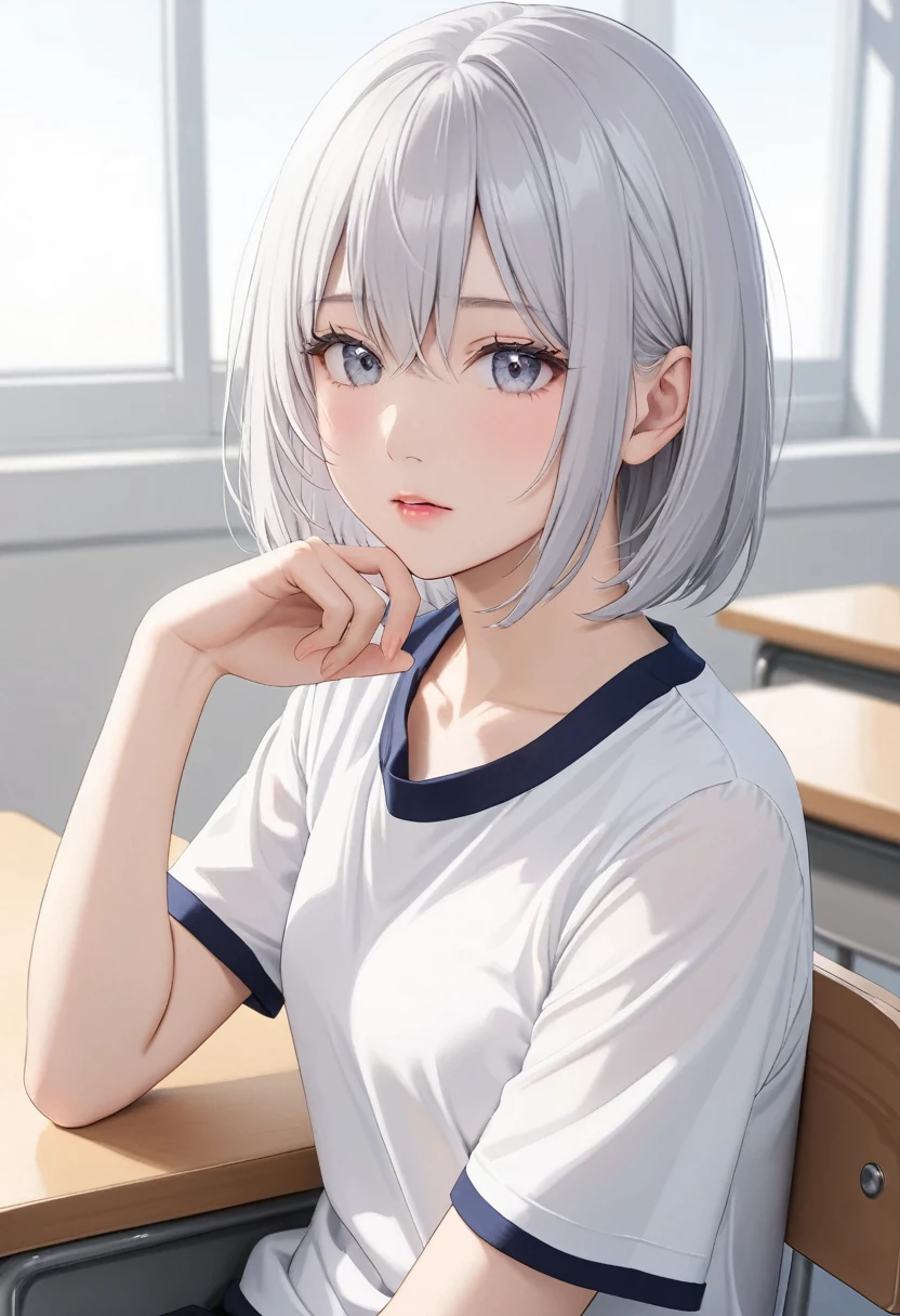 masterpiece,best quality, ultra-detailed, solo, 17yo, shiny silver hair, bob cut, bang between eyes, beautiful hair, silver eyes, beautiful detailed eyes, twinkle eyes, (close eyes), , short sleeve shirts, loosen ribon,staring to the side, with gloomy air, female focus, high school, classroom, sit on her chair, shining silver hair, bob cut,