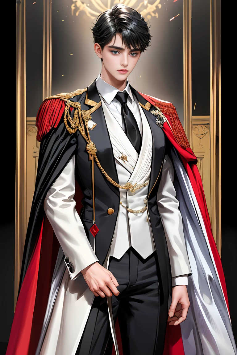 
masterpiece, 最high quality, high quality, 1 boy, alone, Male focus, Watching the audience,  Messy black hair, Adorable big blue eyes, White, Noble, Noble,A sexy, voluminous, puffy cape、tuxedo、A very voluminous, large, very large, very large, long, long red and black cape with a high stand-up collar, made of a lot of fabric that reaches down to the floor., 17 years old,Cute beautiful boys,Cute, cute, kind, handsome guy