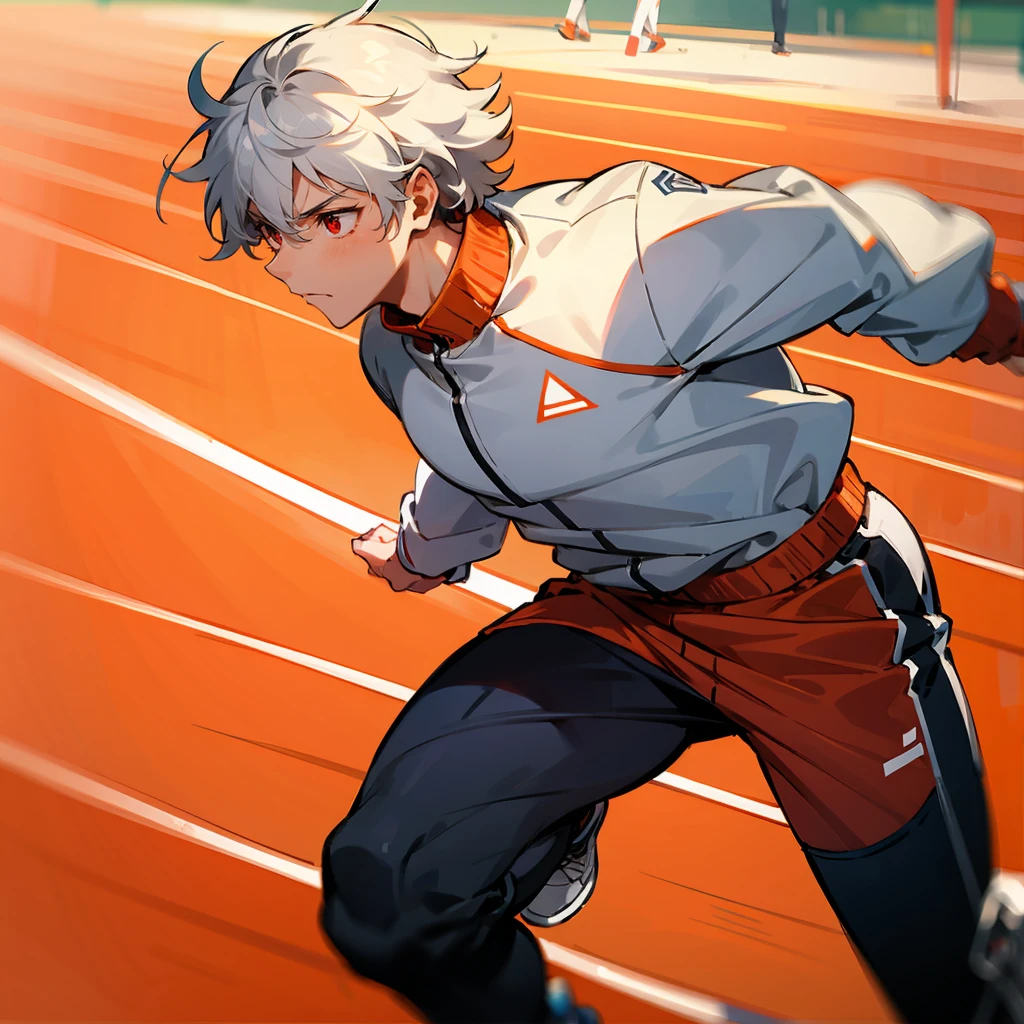 1male, White Hair, Orange Tracksuit, Curly Hair, White Sneakers, Athletic Wear, Red Eyes, Focused Expression, Muscular, Athlete, Young Male, Stadium, Running on a Track