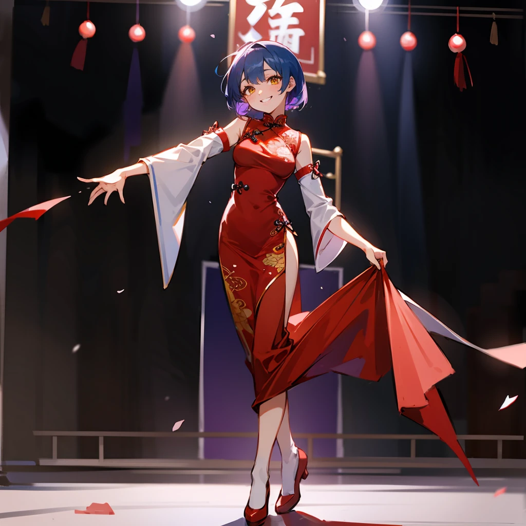 1female, Blue Hair, Purple Cheongsam, Straight Hair, Red Flats, Traditional Chinese Attire, Yellow Eyes, Smiling, Tall, Dancer, Adult Female, Temple, Performing on a Stage