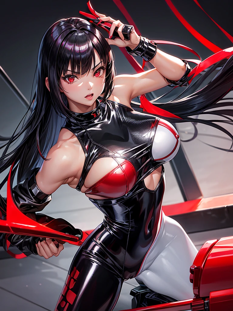 solo girl,Glossy metalic light silver tank top, tight latex shiny, Red interpolation color,Black hair bob,red eyes, camel toe, Samurai Sword,
Lift one leg, sexy lady, โชว์กางเกงใน girl,