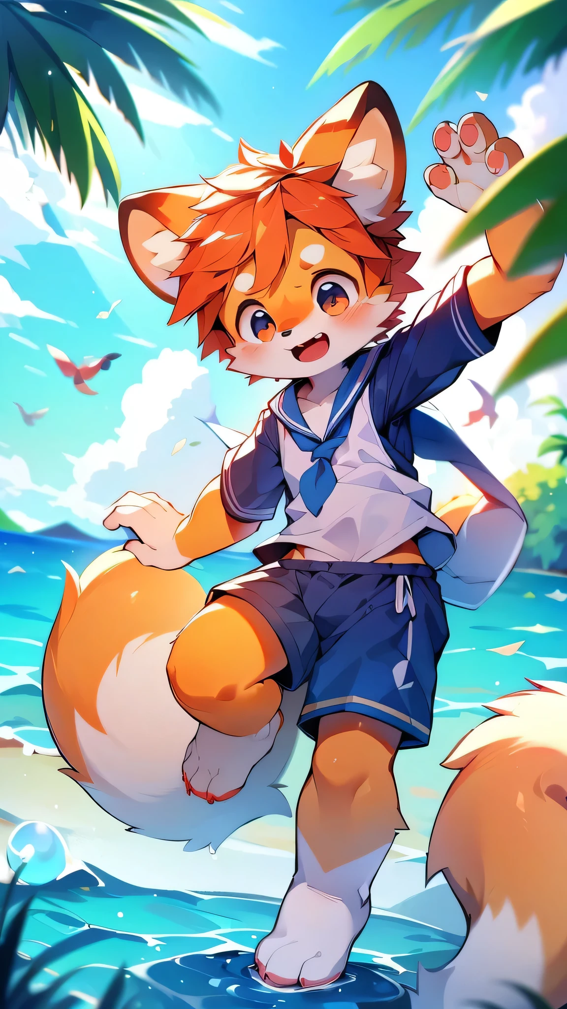 Red Panda Boy，Ocean，Sailor suit,Laughter,night,Whimpering,Red collar