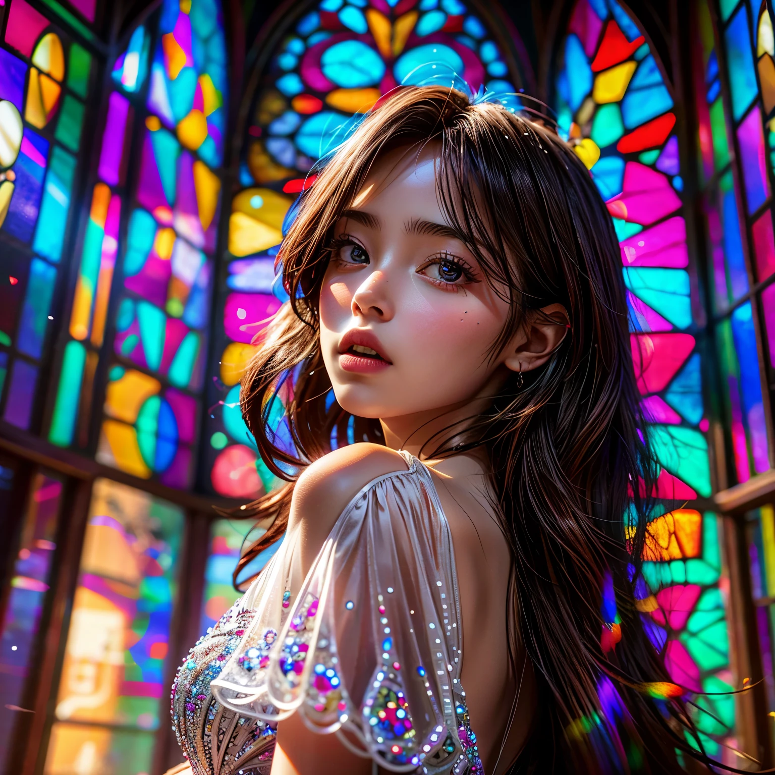 RubyRed (Cathedral from below:1.28) PerfectLighting (BokeH ZoomLayer) TopQuality 8K masterpiece of ((Professional photo)), (((Clarisse de Cagliostro))) (Detailed White WeddingDresses), Chain, (CloseUp of (Extremely detailed (KAWAII face))) {((VeiledFace))|BlondeHair|(Elaborate BuleEyes)with(SparklingHighlights:1.28)}, The background is distant (((Elaborate stained glass))) Rainbow Glass, {(MysticSight)|EnchantingAtmosphere|Haze|(GodRays)|TyndallEffect}, Radiant PearlSkin with Transparency, (Exposed:0.39)