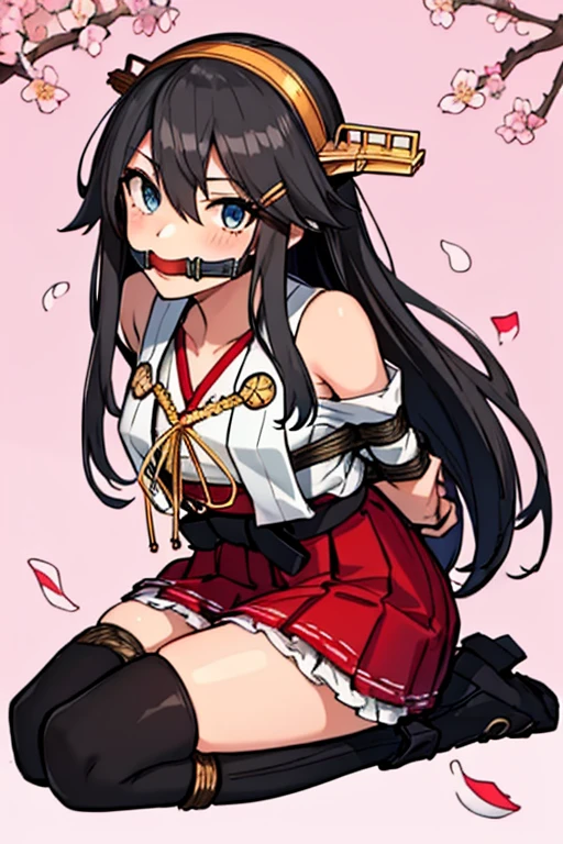 1 girl, detailed blue eyes, longeyelashes, detailed beautiful face, 4k quality, (arms behind back:1.5), bound arms, Red rope, blushing, , gag, gagged, shibari, bondage, close ups,1girl, solo, best quality, flat color, full body, tachi-e, white background,
Haruna \(Kancolle\), black hair, hairclips, gold eyes, smile,
HarunaOG, headgear, hairband, nontraditional miko, bare shoulders, wide sleeves, detached sleeves, waist bow, (red skirt, hakama skirt), thighhigh, thighboots, water, east asian architecture, cherry blossoms, tile floor,