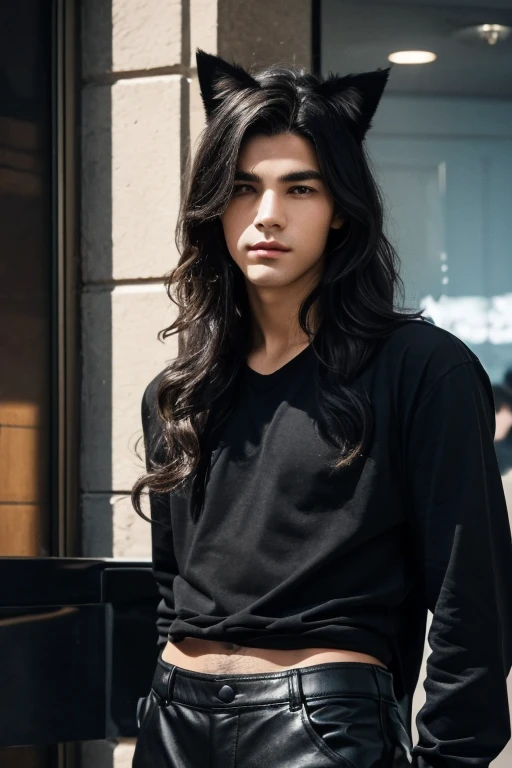 close up portrait of a young European man with cat ears, long black wavy hair, wearing a black shirt and leathers pants