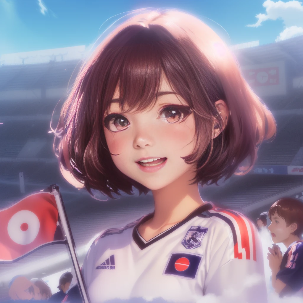 Anime girl holding a flag in front of a soccer field, Digital anime illustration, Anime-style illustrations, Chihiro! fujisaki, 🚿🗝📝, sakimi chan, Official artwork, Realistic Anime 3D Style, Anime style portrait, Detailed digital anime art, Hiro Yamagata, 8k!, Chiho Aoshima, By Akihiko Yoshida