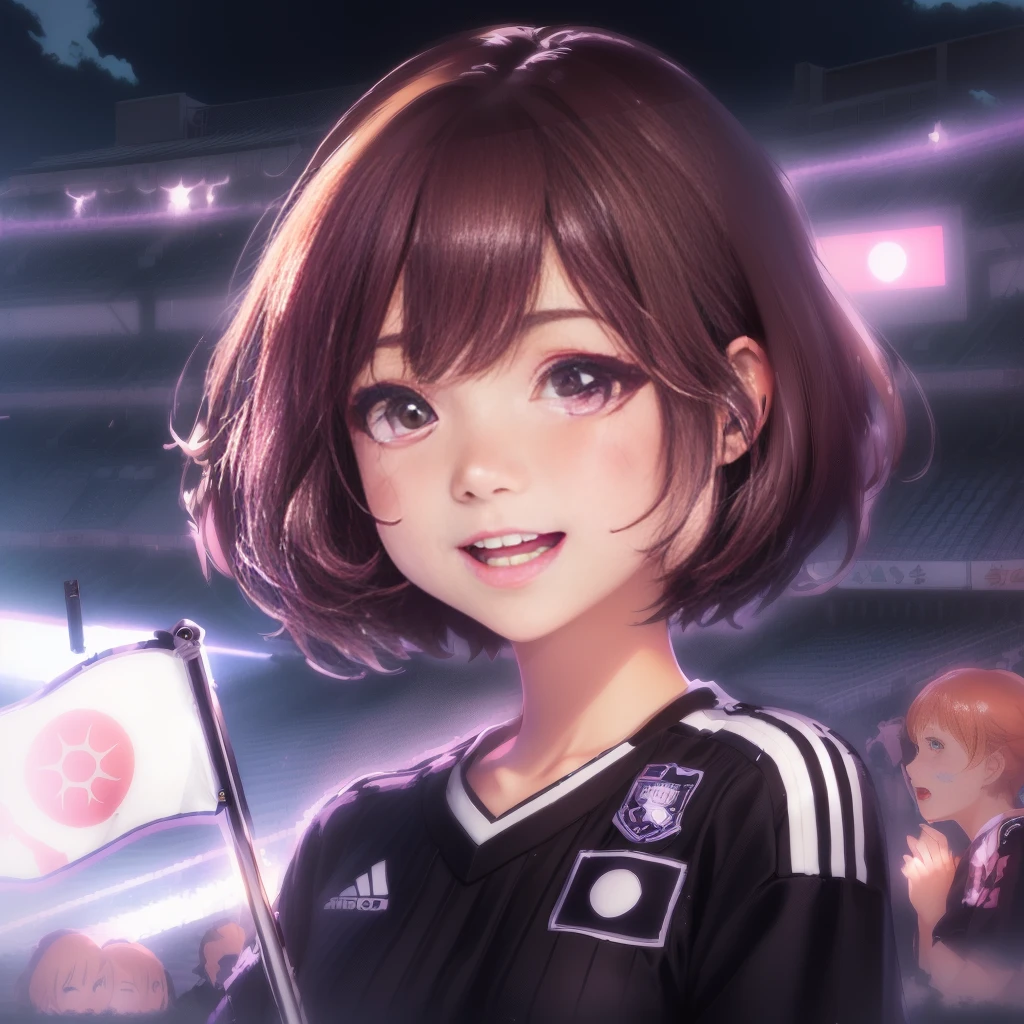 Anime girl holding a flag in front of a soccer field, Digital anime illustration, Anime-style illustrations, Chihiro! fujisaki, 🚿🗝📝, sakimi chan, Official artwork, Realistic Anime 3D Style, Anime style portrait, Detailed digital anime art, Hiro Yamagata, 8k!, Chiho Aoshima, By Akihiko Yoshida