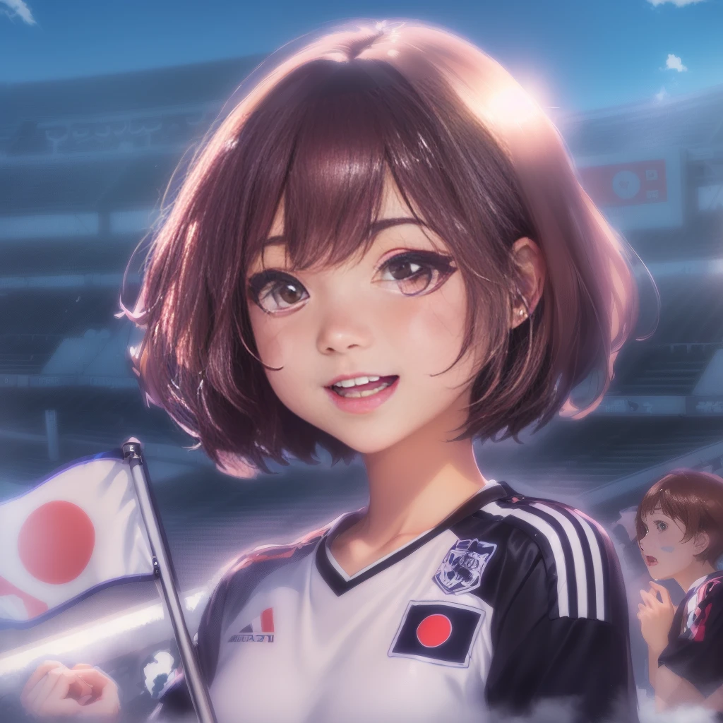Anime girl holding a flag in front of a soccer field, Digital anime illustration, Anime-style illustrations, Chihiro! fujisaki, 🚿🗝📝, sakimi chan, Official artwork, Realistic Anime 3D Style, Anime style portrait, Detailed digital anime art, Hiro Yamagata, 8k!, Chiho Aoshima, By Akihiko Yoshida
